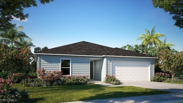 single story home featuring concrete driveway, a front lawn, and an attached garage