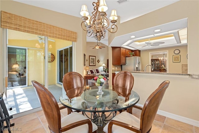 dining room with recessed lighting, visible vents, baseboards, and ceiling fan with notable chandelier