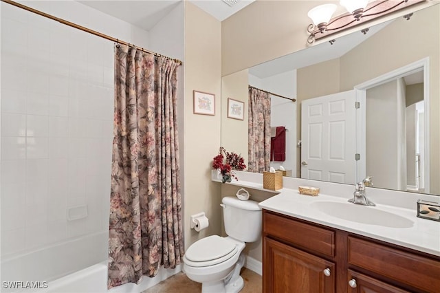 full bathroom with shower / bathtub combination with curtain, vanity, and toilet