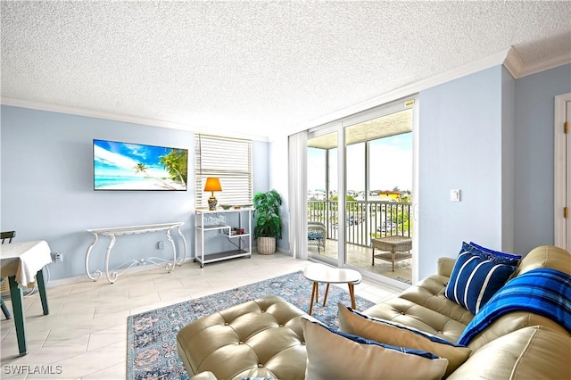 living area featuring a textured ceiling, tile patterned floors, baseboards, floor to ceiling windows, and crown molding