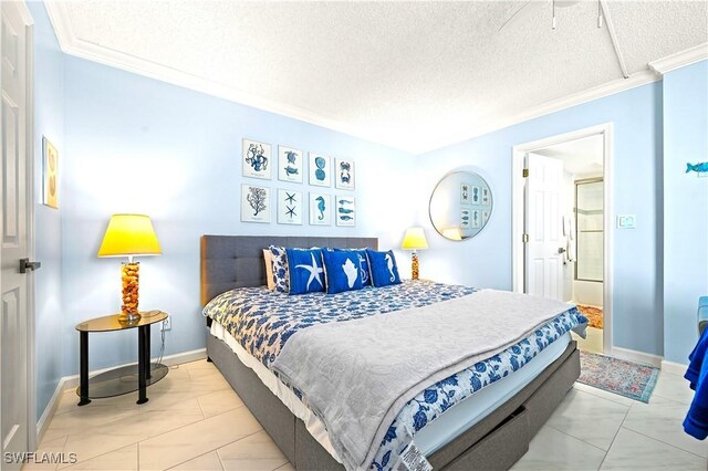 bedroom with a textured ceiling, baseboards, and crown molding