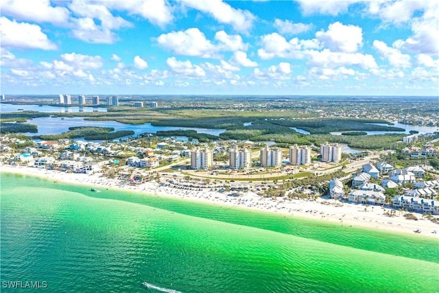 drone / aerial view with a water view and a beach view