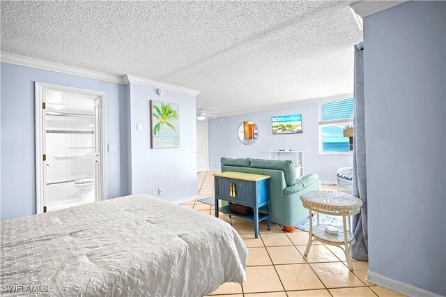 bedroom with light tile patterned floors, a textured ceiling, baseboards, and crown molding