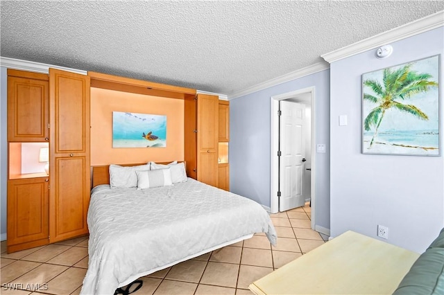 bedroom featuring light tile patterned flooring, crown molding, and a textured ceiling