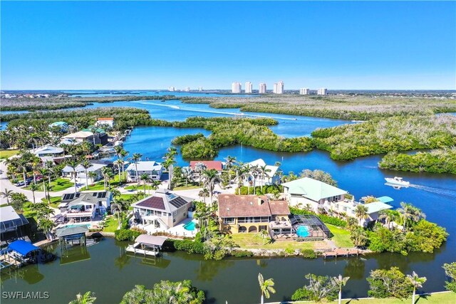 aerial view featuring a residential view and a water view