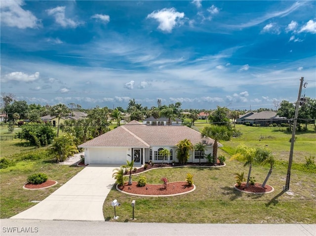 ranch-style home with concrete driveway, a front lawn, and an attached garage