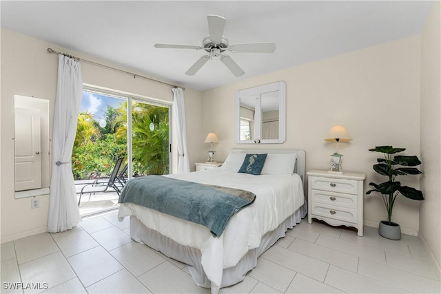 bedroom with light tile patterned floors, access to outside, baseboards, and a ceiling fan