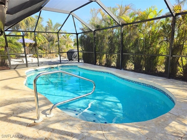 outdoor pool with a patio and glass enclosure