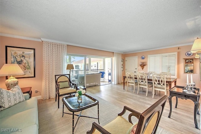 living area featuring light wood-style floors, crown molding, and a textured ceiling