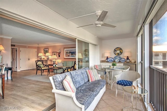 interior space featuring ceiling fan