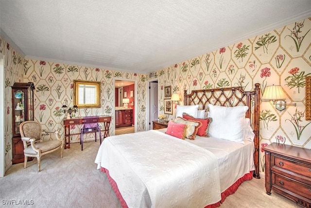 bedroom with ornamental molding, light colored carpet, a textured ceiling, and wallpapered walls