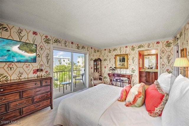 bedroom featuring access to exterior, light colored carpet, and wallpapered walls