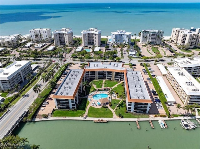 aerial view with a view of city and a water view