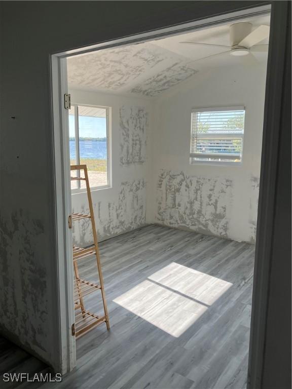 empty room with a ceiling fan, plenty of natural light, and wood finished floors