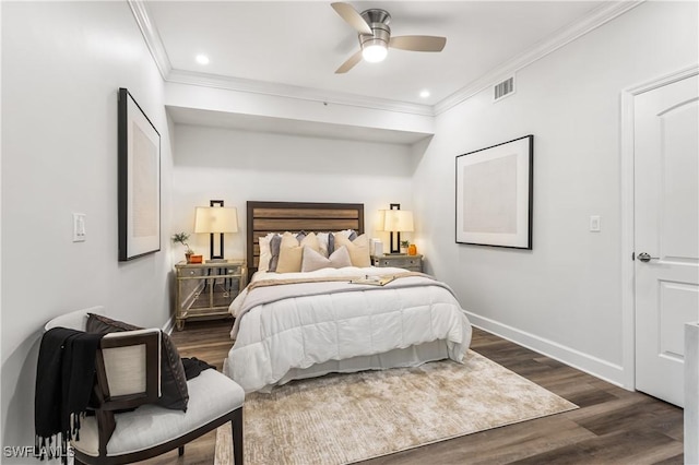 bedroom with baseboards, visible vents, ornamental molding, dark wood-type flooring, and recessed lighting