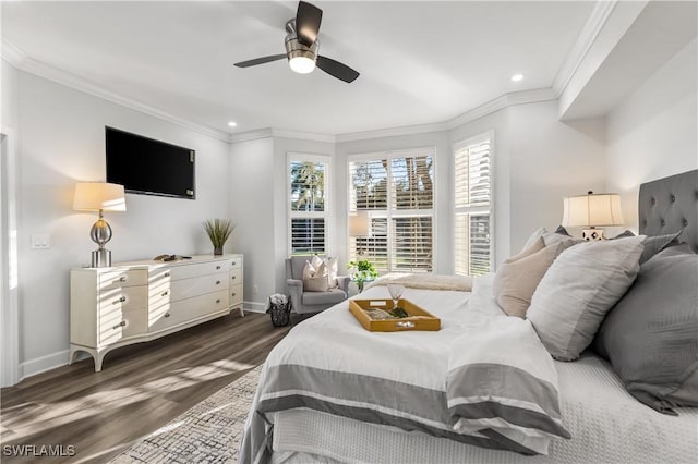 bedroom featuring baseboards, a ceiling fan, ornamental molding, dark wood-type flooring, and recessed lighting