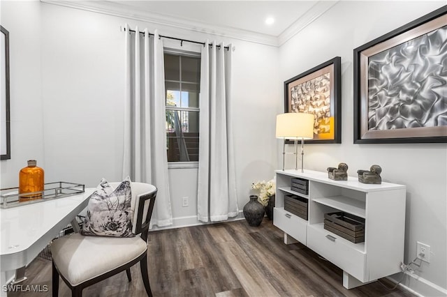 home office featuring ornamental molding and dark wood finished floors