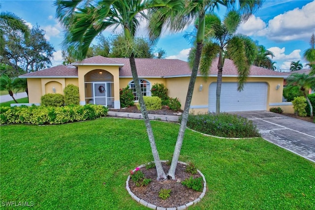 view of front of home with concrete driveway, a front yard, an attached garage, and stucco siding