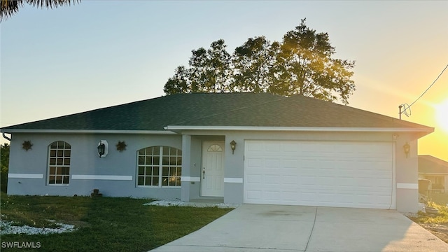 ranch-style house featuring a shingled roof, a front yard, stucco siding, a garage, and driveway