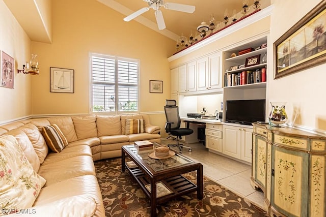 2109 Morning Sun Ln, Naples, FL 34119 - living area with lofted ceiling, a ceiling fan, light tile patterned floors, and built in study area