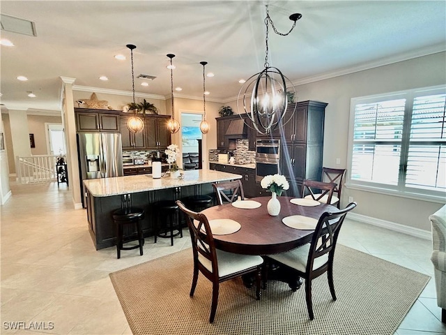 dining room with light tile patterned floors, recessed lighting, visible vents, baseboards, and ornamental molding