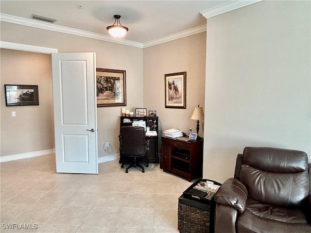 office area featuring light tile patterned floors, ornamental molding, visible vents, and baseboards