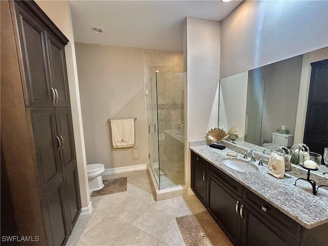 full bath with vanity, a shower stall, toilet, and baseboards