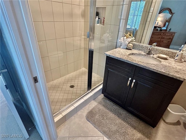 bathroom featuring a stall shower, vanity, and tile patterned floors