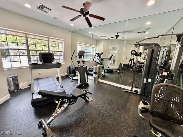 gym with ceiling fan, recessed lighting, visible vents, and baseboards