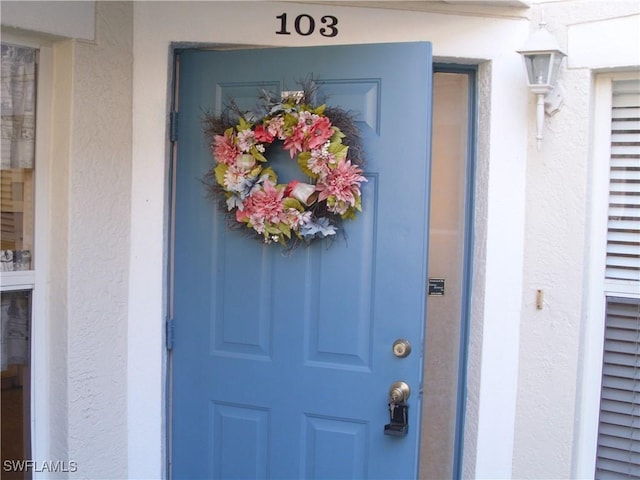 doorway to property featuring stucco siding