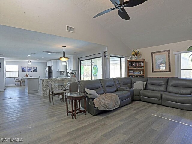 living room featuring a healthy amount of sunlight, visible vents, and wood finished floors