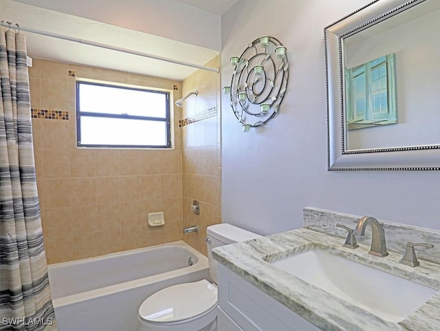 full bath with toilet, shower / bath combination with curtain, and vanity