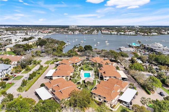 drone / aerial view featuring a water view