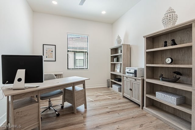 home office with light wood finished floors, baseboards, a ceiling fan, and recessed lighting