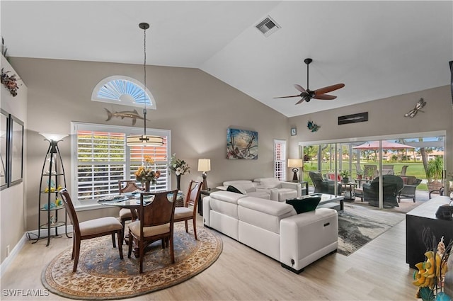 living area featuring high vaulted ceiling, light wood-style flooring, visible vents, and a healthy amount of sunlight