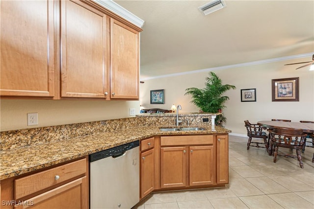 kitchen featuring a peninsula, a sink, visible vents, ornamental molding, and dishwasher