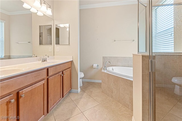 full bathroom featuring crown molding, a sink, toilet, and tile patterned floors