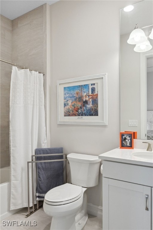 bathroom featuring toilet, shower / bathtub combination with curtain, baseboards, and vanity