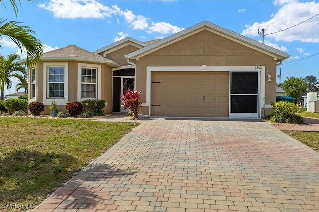 ranch-style home featuring a garage, a front lawn, decorative driveway, and stucco siding