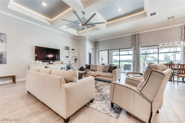 living area featuring coffered ceiling, a towering ceiling, visible vents, ornamental molding, and wood tiled floor