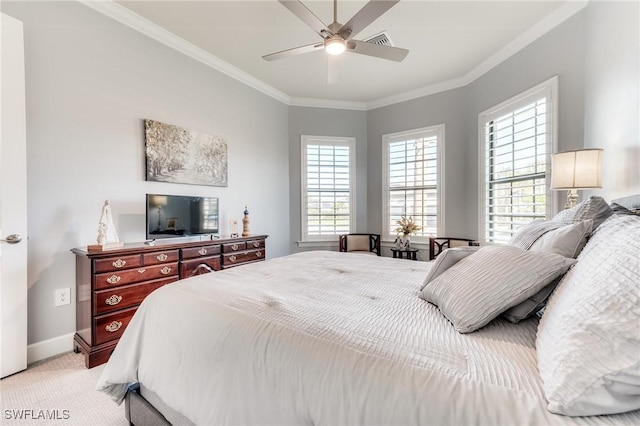 bedroom featuring baseboards, ornamental molding, visible vents, and light colored carpet