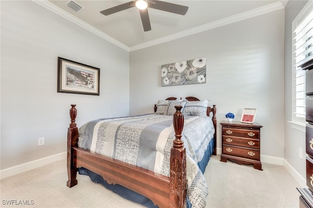 bedroom with carpet, visible vents, and crown molding