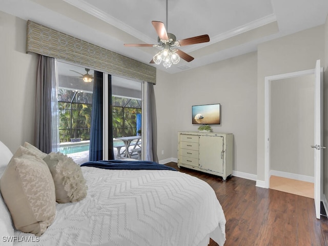 bedroom featuring crown molding, access to outside, dark wood finished floors, and baseboards