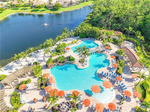 birds eye view of property featuring a water view