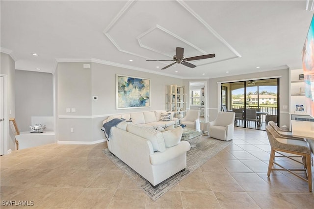 living room with recessed lighting, crown molding, baseboards, and light tile patterned floors