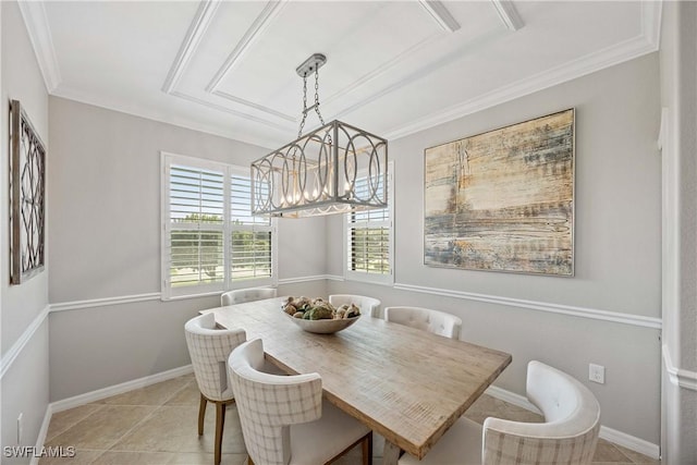 dining space featuring an inviting chandelier, baseboards, crown molding, and light tile patterned flooring