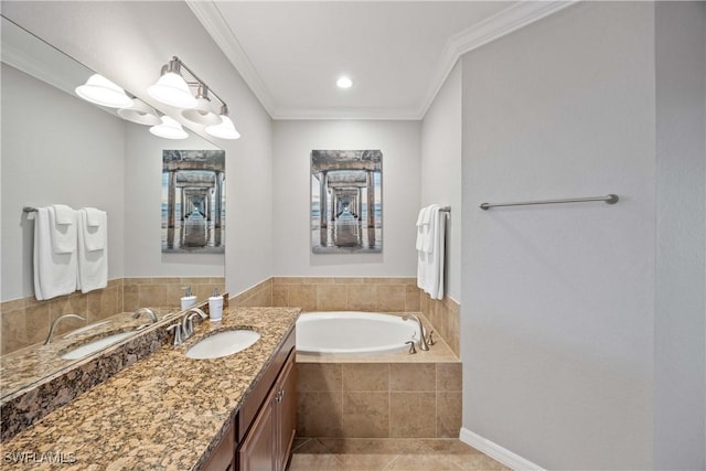 full bathroom with tile patterned flooring, a garden tub, vanity, and crown molding