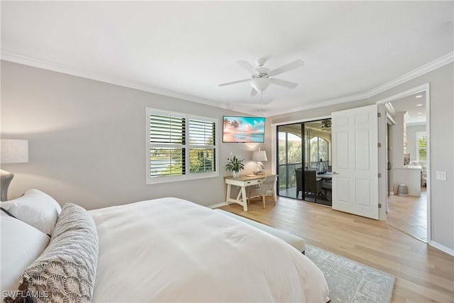 bedroom with ornamental molding, wood finished floors, a ceiling fan, and baseboards