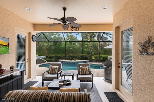 12020 Bramble Cove Dr, Fort Myers, FL 33905 - exterior space with an outdoor living space, a lanai, an outdoor pool, and ceiling fan