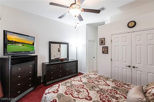 12020 Bramble Cove Dr, Fort Myers, FL 33905 - bedroom with a ceiling fan, dark colored carpet, a closet, and visible vents
